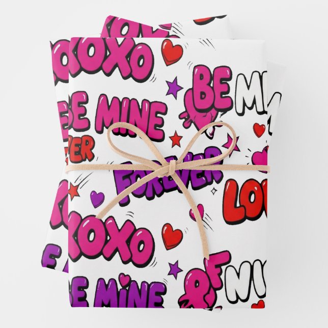 Trendy Comic Book Graffiti "Be Mine" Typography Wrapping Paper Sheet (In situ)