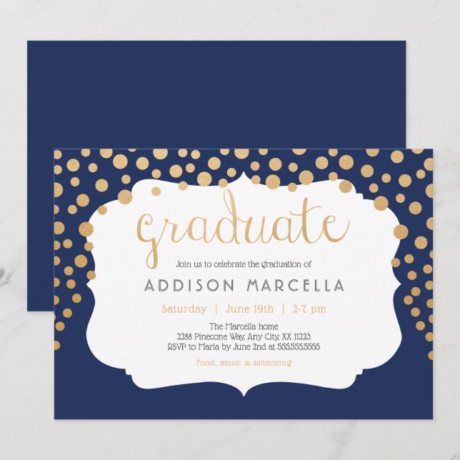 Trendy confetti graduation invitations, navy gold invitation (Front/Back)