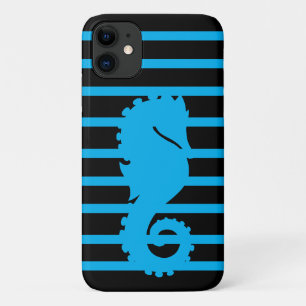 Trendy Cool Blue Seahorse Blue Stripe Black Unique iPhone 11 Case