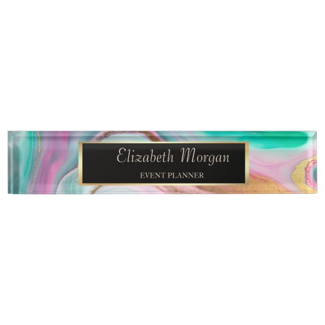 Trendy Cool Colourful Gold Marble  Nameplate (Front)