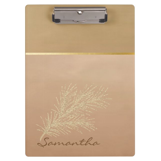 Trendy Cool Gold Glitter Feather -Personalized Clipboard (Front)