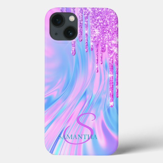 Trendy Cool Violet Glitter Drips Holographic  Case-Mate iPhone Case (Back)