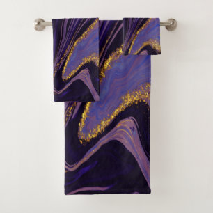 Trendy Cool Violet Gold Marble Pattern Bath Towel Set