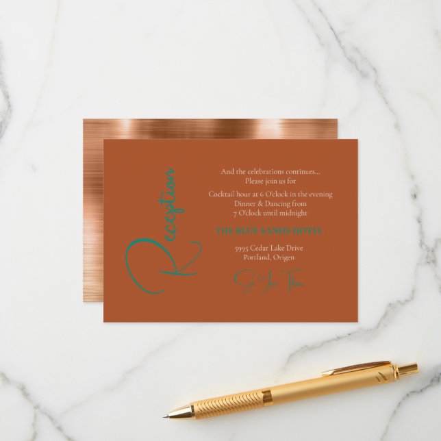 Trendy Copper Foil & Teal Text Wedding Reception Enclosure Card (Front/Back In Situ)