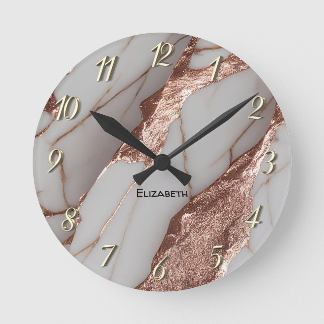 Trendy Copper Glitter Marble Round Clock (Front)