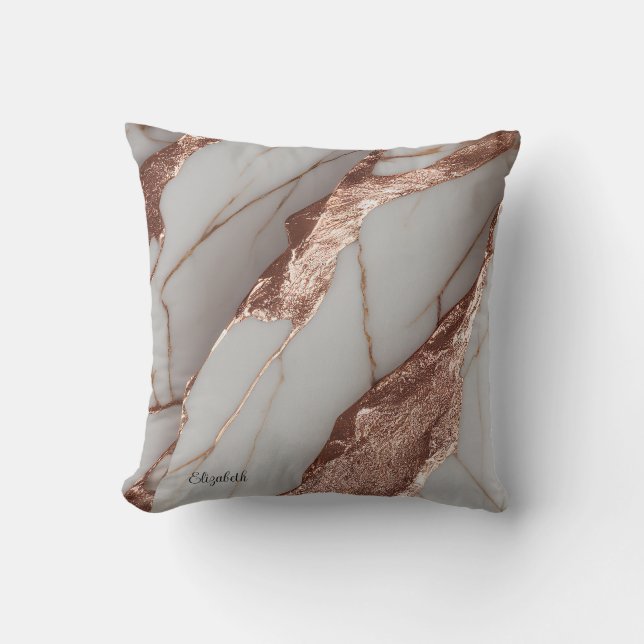 Trendy Copper Glitter Marble Throw Pillow (Front)
