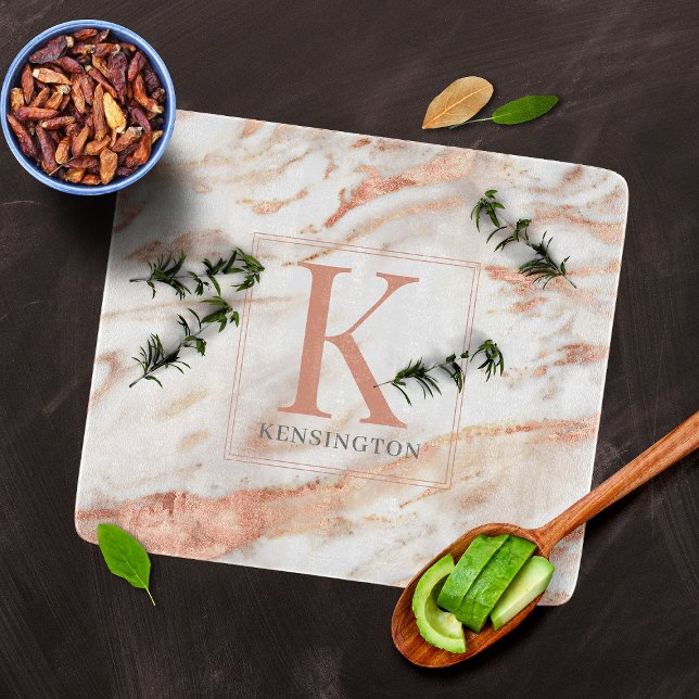 Trendy Copper Rose Gold Metallic Marble Monogram Cutting Board (Creator Uploaded)