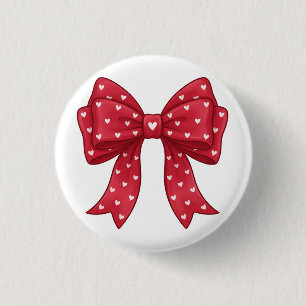Trendy Coquette Red Ribbon Bow with White Hearts 1 Inch Round Button