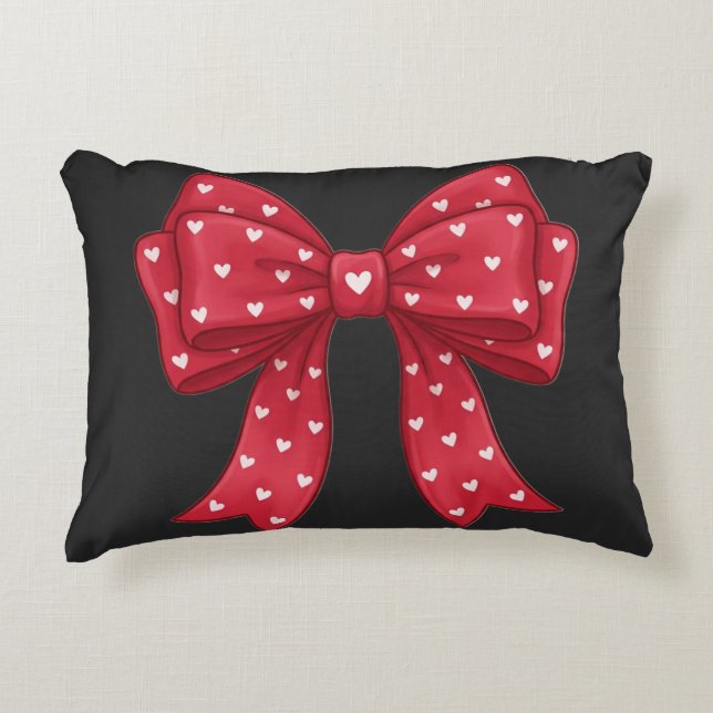 Trendy Coquette Red Ribbon Bow with White Hearts Accent Pillow (Front)