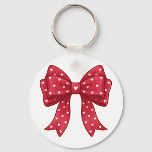 Trendy Coquette Red Ribbon Bow with White Hearts Keychain