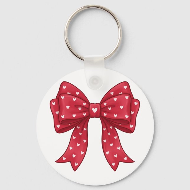 Trendy Coquette Red Ribbon Bow with White Hearts Keychain (Front)