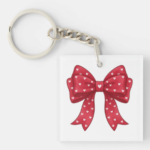 Trendy Coquette Red Ribbon Bow with White Hearts Keychain
