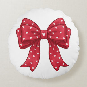 Trendy Coquette Red Ribbon Bow with White Hearts Round Pillow