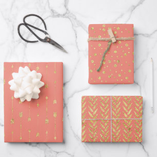 Trendy Coral and Gold Patterns Wrapping Paper Sheet