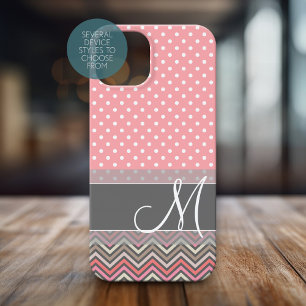 Trendy Coral and Grey Polka Dot Chevron Monogram iPhone 15 Case