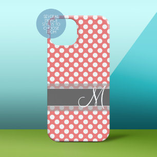 Trendy Coral and Grey Polka Dot Pattern Monogram iPhone 15 Pro Max Case