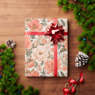 Trendy Coral and Peach Floral Art Wrapping Paper