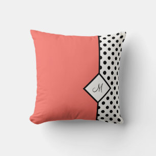 Trendy Coral and Polka Dots with Any Monogram Throw Pillow