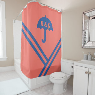 Trendy Coral Blue Stripes Umbrella Initials