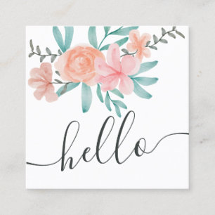 Trendy coral floral watercolor hello script square business card