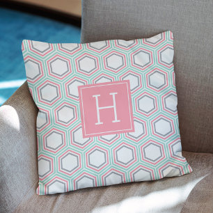 Trendy Coral Honeycomb Pattern Monogram Throw Pillow