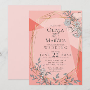 Trendy Coral Wedding Floral Geometric Gold Frame Invitation