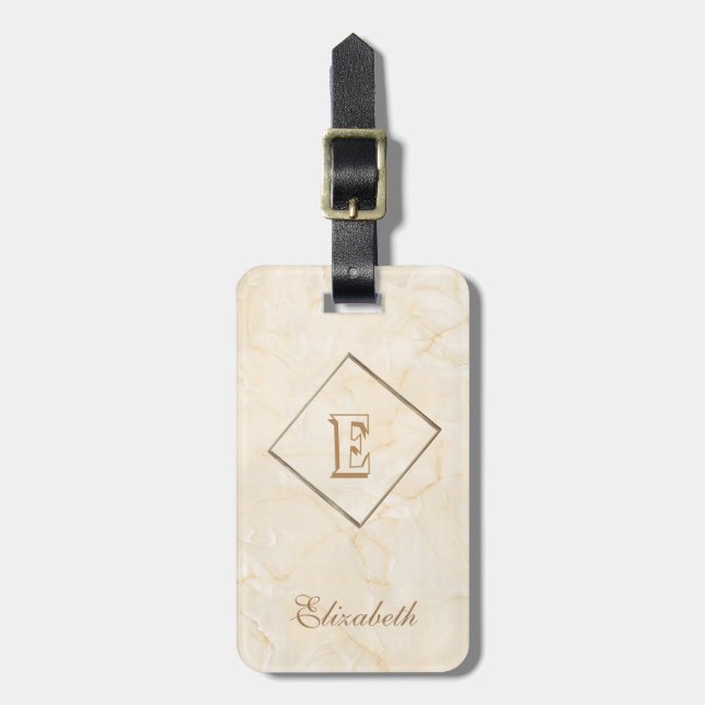 Trendy Cream Marble Texture, Monogram-Personalized Luggage Tag (Front Vertical)