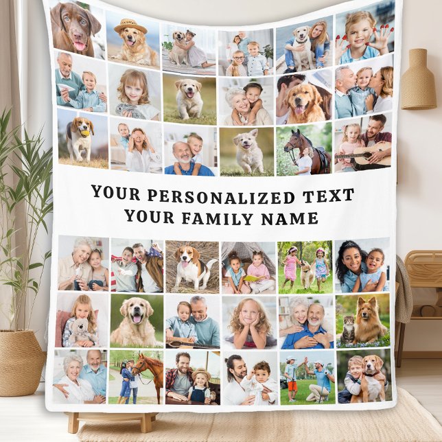 Trendy Custom 36 Photos Collage Cute Modern Family Fleece Blanket (Creator Uploaded)