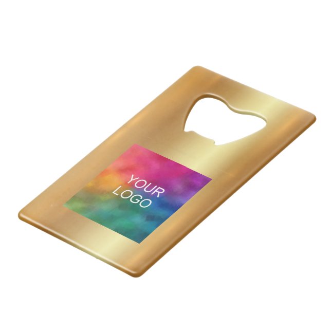 Trendy Custom Business Logo QR Code Url Faux Gold Credit Card Bottle Opener (Front Angled)