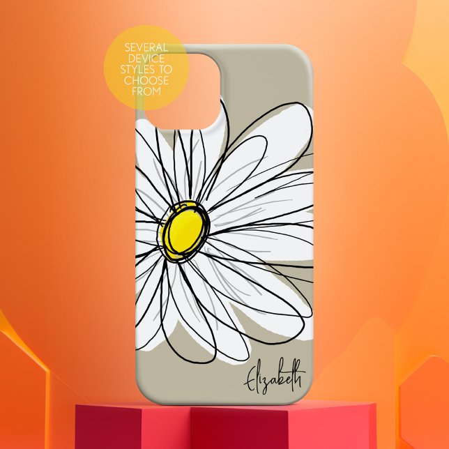 Trendy Custom Floral Daisy - gray, yellow, linen Case-Mate iPhone Case (Personalized Phone Case with Custom Text)