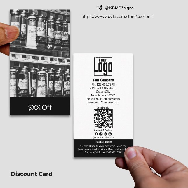 Trendy Custom Image $XX Off Discount Card (Trendy Custom Image $XX Off Discount Card for Specific Service Black and White)