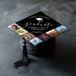 Trendy Custom Photo Collage Cute Script Black Graduation Cap Topper<br><div class="desc">Personalize with 7 of your favourite photo memories, your custom name, and year and make this a wonderful keepsake of your graduation. Chic script typography along with a sweet cap illustration alongside yours / your grad's name and class of year.</div>