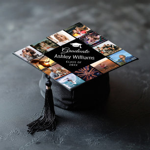 Trendy Custom Photo Collage Cute Script Black Graduation Cap Topper