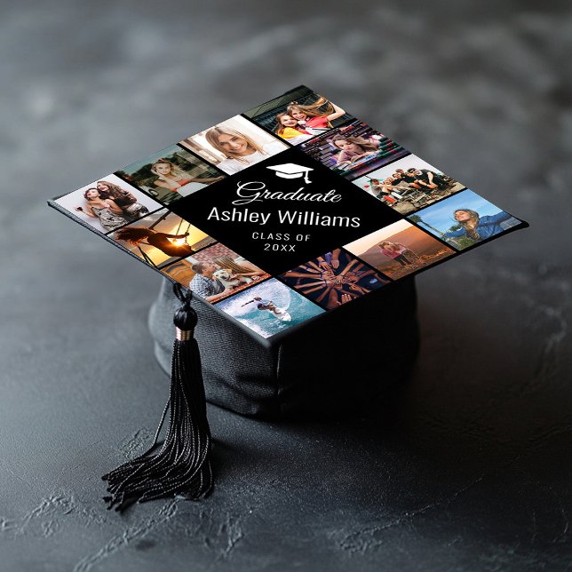 Trendy Custom Photo Collage Cute Script Black Graduation Cap Topper (Graduation cap with  custom text and 12 photos )