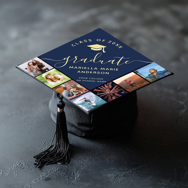 Trendy Custom Photo Collage Cute Script Blue  Graduation Cap Topper (Graduation cap with custom text. A collage of joyful photos, symbolizing memories and celebration)
