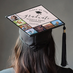 Trendy Custom Photo Collage Cute Script Blush Pink Graduation Cap Topper