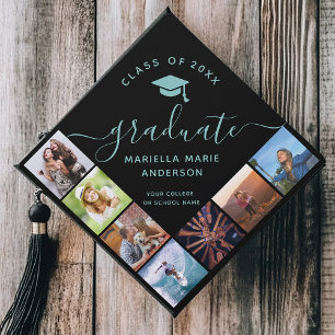 Trendy Custom Photo Collage Cute Script Mint Graduation Cap Topper