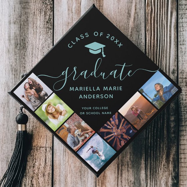 Trendy Custom Photo Collage Cute Script Mint Graduation Cap Topper (Graduation cap with "Class of 20XX" text, surrounded by diverse joyful photos)