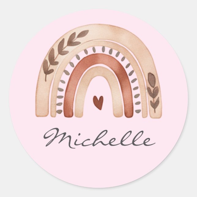 Trendy Cute Boho Watercolor Rainbow Personalized Classic Round Sticker (Front)