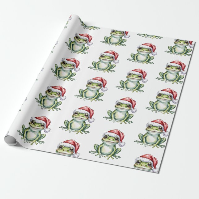 Trendy Cute Frog Santa Hat Christmas  Wrapping Paper (Unrolled)