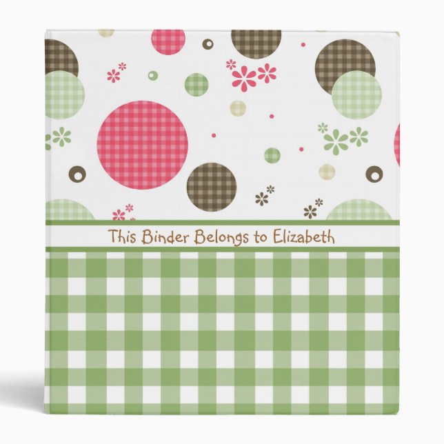 Trendy Cute Gingham Polka Dots With Name Binder (Front)