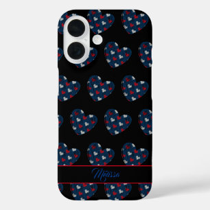 Trendy Cute Hearts Blue Red Customizable Name  iPhone 16 Case