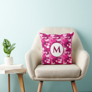 Trendy Cute Hot Pink Digital Camo Pattern Monogram Throw Pillow