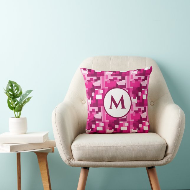 Trendy Cute Hot Pink Digital Camo Pattern Monogram Throw Pillow (Chair)