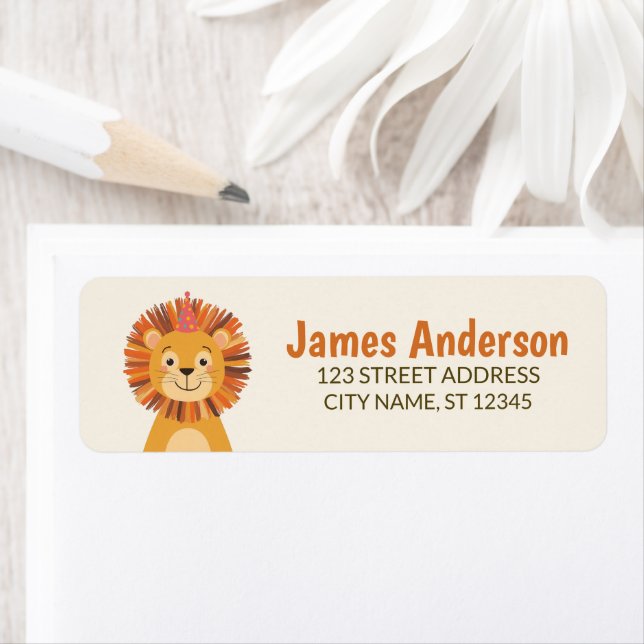 Trendy Cute Lion With Party Hat Return Address     (Insitu)