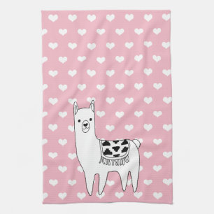 Trendy Cute Llama Sketch & Hearts Kitchen Towel