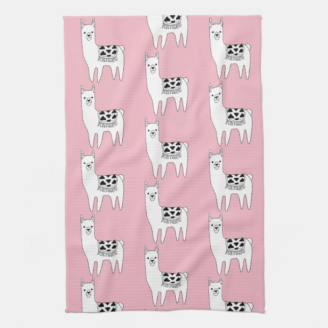 Trendy Cute Llama Sketch & Pink Kitchen Towel (Vertical)