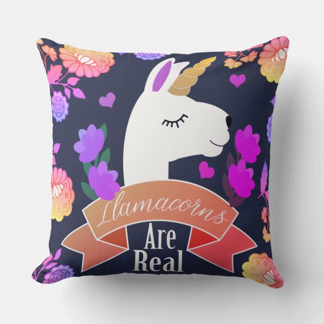 Trendy Cute Llamacorns are Real Floral Throw Pillow (Front)