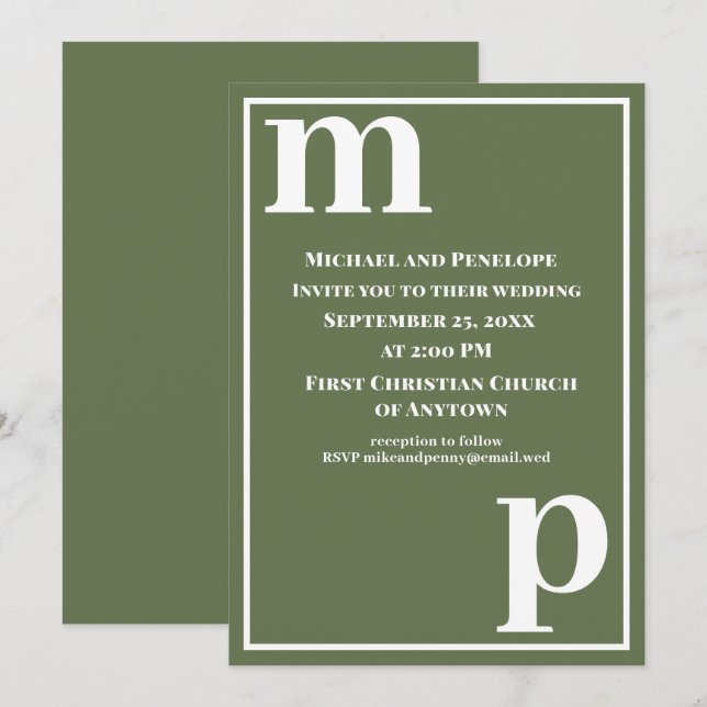 Trendy Cute Monogram Olive Green Wedding Invitation (Front/Back)