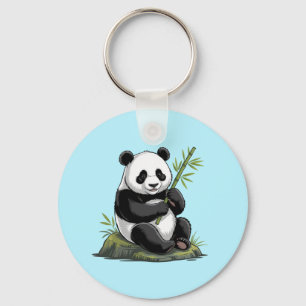 Trendy Cute Panda Bear With Greenery Bamboo Blue Keychain